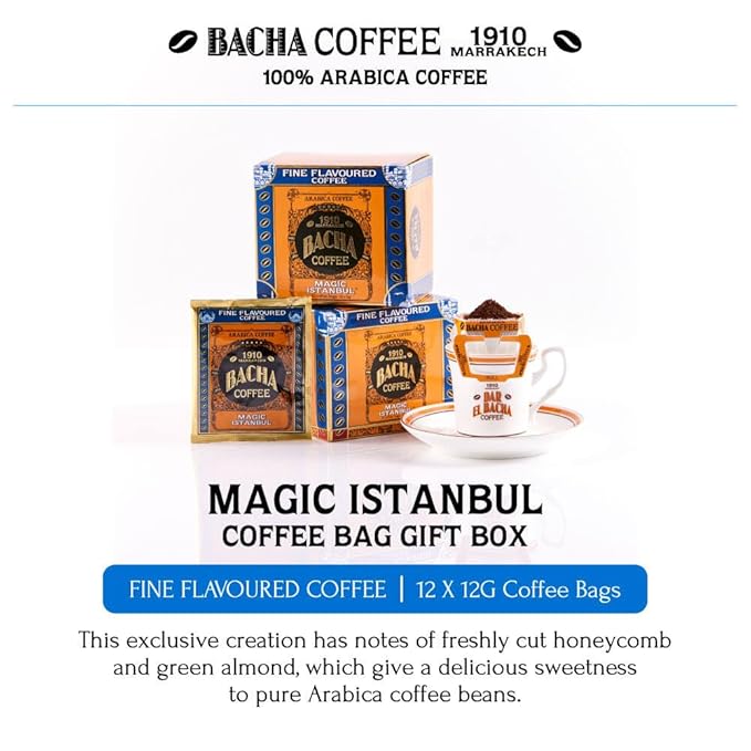 Bacha Coffee | Magic Istanbul Fi Flavoured, 100% Arabica Specialty Coffee, 12 Coffee Drip Bags, Gift Box