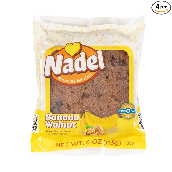Nadel - Naturally Delicious Banana Nut bread, 4 Pack, Fresh Bananas, Crunchy Walnuts, Lunch snack breakfast bars Natural fresh brand, Cake Slices