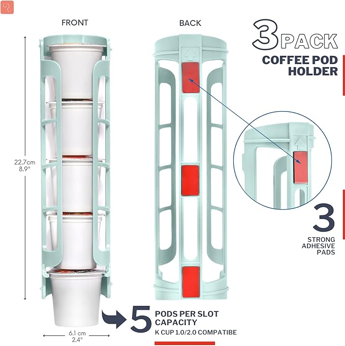 STORAGENIE K Cup Holder for Keurig K-cup,Coffee pod Storage, Side Mount | Wall Mount, Perfect for Small Counters (3 Rows/For 15 K Cups, OASIS BLUE)
