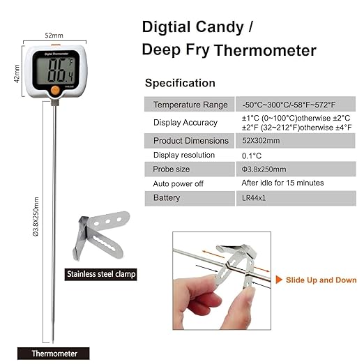 Candy Thermometer for Candy Making with Rotatable Large Display 10'' Long Probe,Digital Instant Read Candy Thermometer with Pot Clip,Candle Smoker, Oil Cooking (Blue)