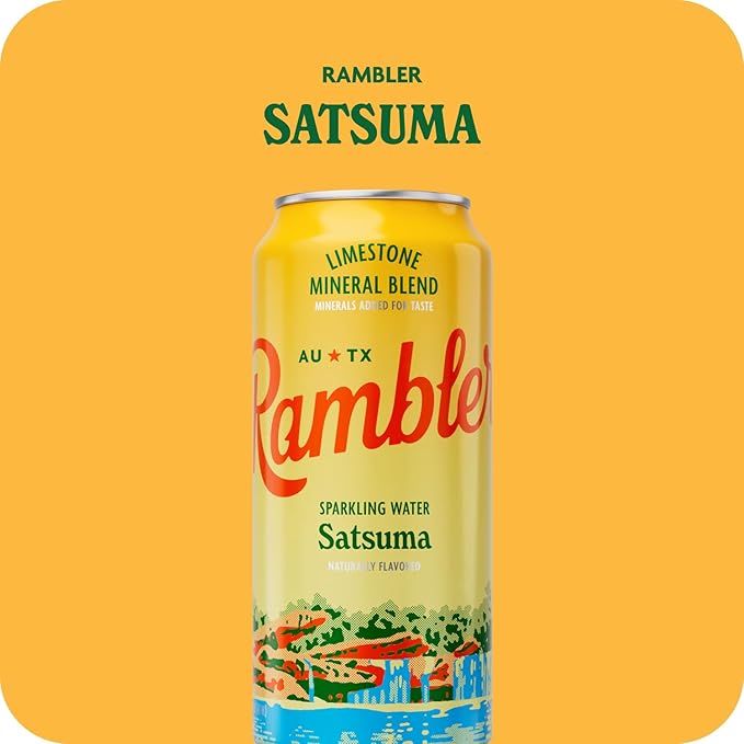 AUTX RAMBLER Sparkling Water, Texas Limestone Mineral Blend, Satsuma Flavor, 16-Ounce Tallboy Cans, 12-Pack