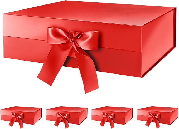 HAPPY POTATO 6 Large Christmas Gift Boxes with Ribbon 13.5x9x4.1 Inches, Red Gift Boxes with Lids, Bridesmaid Proposal Boxes, Magnetic Gift Box for presents (Glossy Red, Pack of 6)