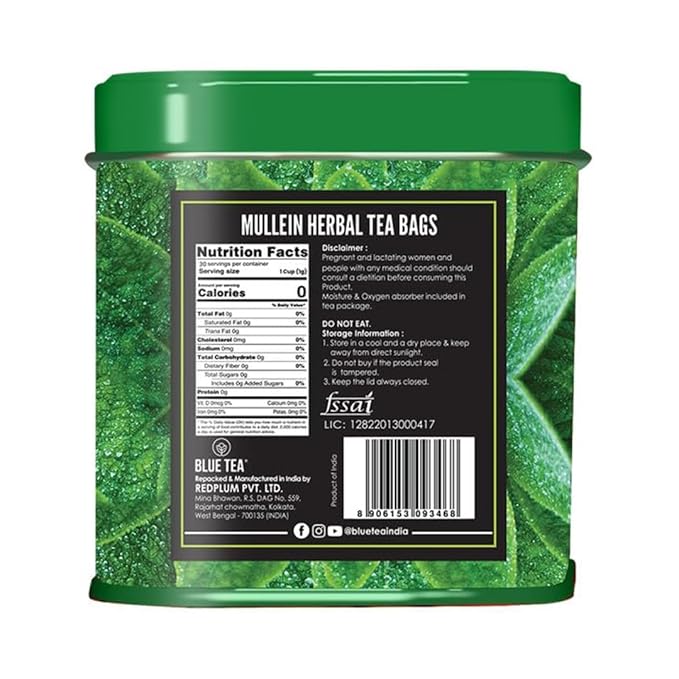 BLUE TEA - Mullein Tea - 30 Count - Pyramid Plant Based Tea Bag | LUNGS DETOX - FOR RESPIRATORY SUPPORT | Herbal Tea - Caffeine Free - Leaf Based - Non-Bitter - Vegan | Ziplock Pack
