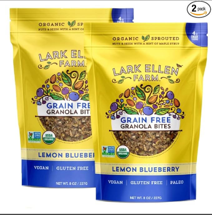 Lark Ellen Farm Grain-Free Granola, Certified Organic Raw Sprouted Vegan Clusters, Paleo & Crunchy Gluten-Free Bites for Cereal or Yogurt, Lemon Blueberry, 8 oz (2-Pack)
