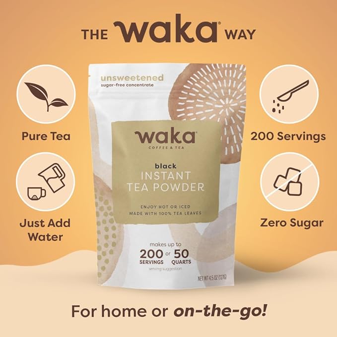 Waka Instant Black Tea Mix, Classic - 100% Tea Leaves, No Additives, Unsweetened Tea Powder for 50 Quarts or 200 Cups – Easy and Quick Hot or Iced Teas (4.5oz)