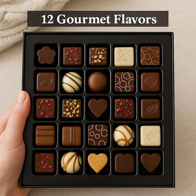 Andy Anand Chocolatier Belgian Chocolate Truffles Gift Box Handcrafted Gluten Free Gourmet Chocolate European Imported Chocolate Truffles Perfect as Chocolate Gifts For Women (25 Pcs,7.8 Oz)