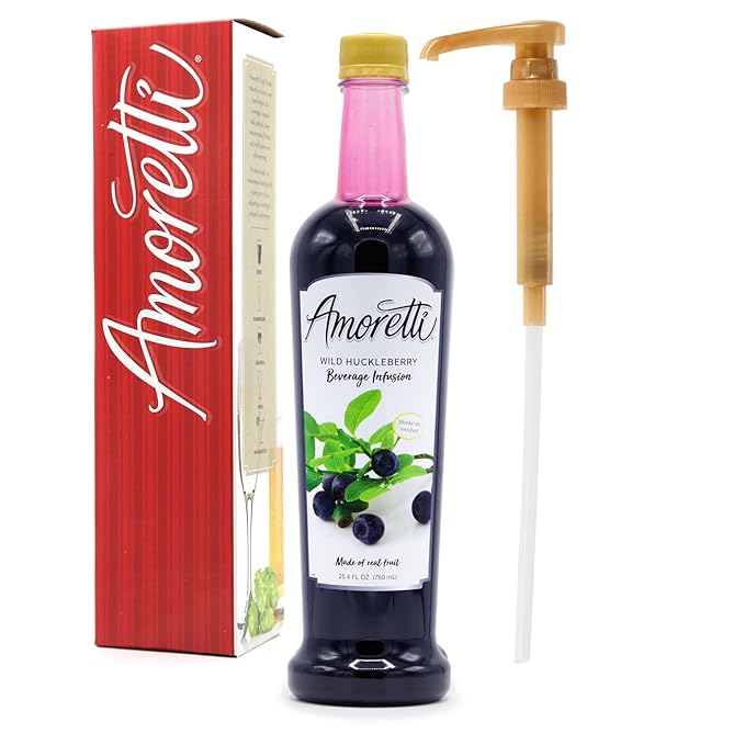 Amoretti - Wild Huckleberry Beverage Infusion, 94 Servings Per Bottle (750 ml) - Drink Mix & Water Enhancer with Pump for Flavoring Cocktails, Waters, Teas, and other Beverages, Preservative Free