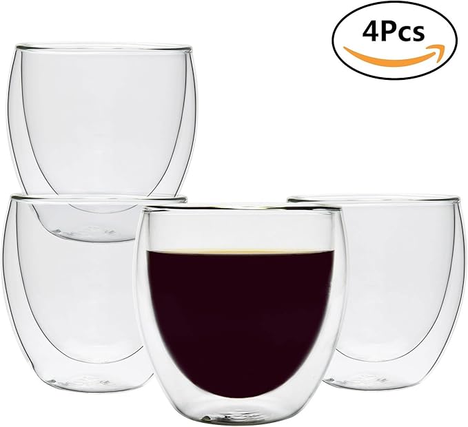 ComSaf 8oz Glass Coffee Mugs Set of 4, Double Walled Insulated Thermal Mugs for Latte Cappuccino Cocoa Milk Cafe Juice Tea, Clear Espresso Cups Set Glassware Gift for Christmas Birthday