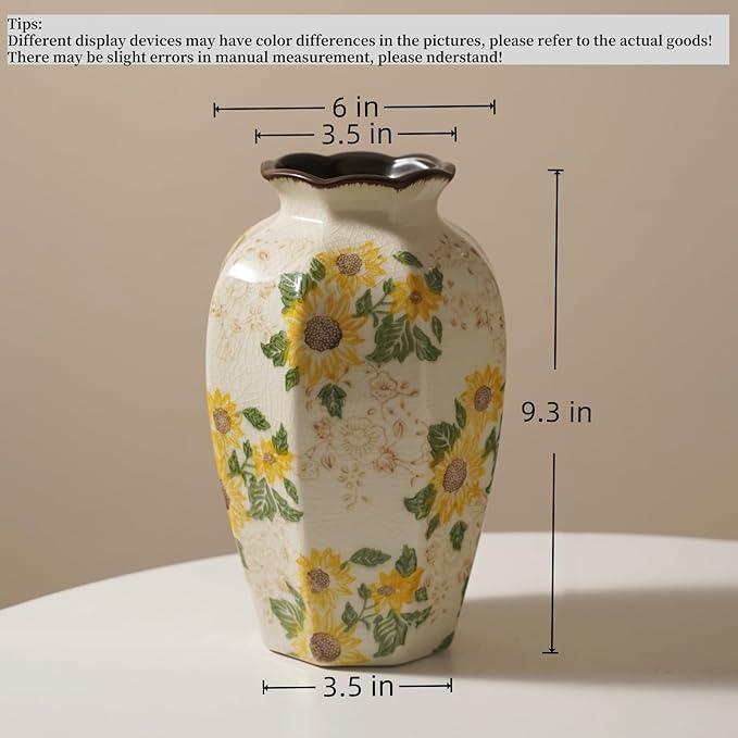 Vintage Pastoral Octagonal Vase, 9.3 Inch Ceramic Sunflower Flower Vases, Rustic Farmhouse Antique Chinoiserie Floral Vase for Wall Art Bedroom and Shelf Home Decor (Octagonal)