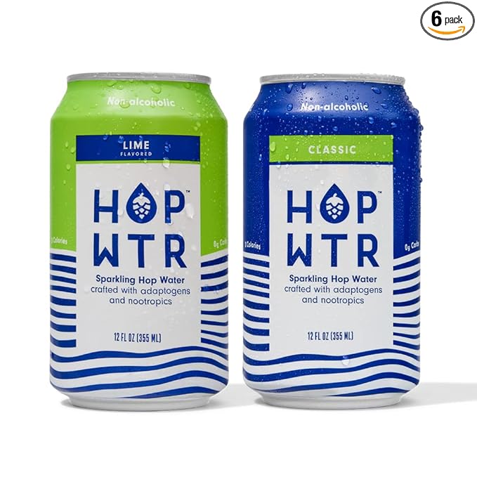 HOP WTR Sparkling Hop Water, Classic 6 Pack, Lime 6 Pack, Sugar Free, Low Carb Non Alcoholic Drinks, NA Beer, Adaptogen Drink, No Calories, Adaptogens & Nootropics for Added Benefits, 12 oz Cans