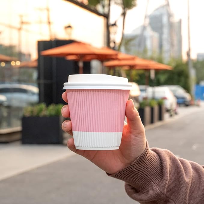 Restaurantware 8 Ounce Ripple Wall Paper Coffee Cups, 25 Leakproof Disposable Hot Drink Tumblers, Recyclable, Insulated Light Pink Design, Matching Lids available for Cups and Sold Separately