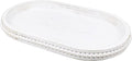 Oval Wood Serving Tray with Wooden Beads, Outdoor Farmhouse Decorative Tray for Ottoman, Coffee Table, Kitchen Counter Organizer, Home Decor(Whitewashed)