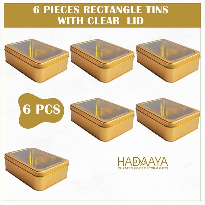 Pack of 6 Gold Rectangular Tin Container With Clear Lid, Multipurpose Tin Box, Festive Tin Box for Gift Giving, Cookies, Stationery & More - 7.25 x 5.25 x 2.25 Inches