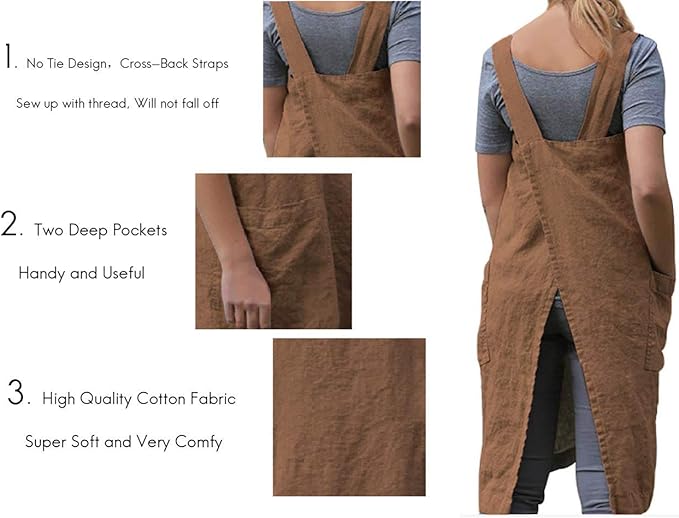 Women's Pinafore Square Apron Baking Cooking Gardening Works Cross Back Cotton/Linen Blend Dress with 2 Pockets
