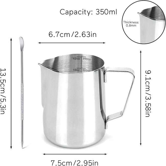 SIKEMAY Milk Frothing Pitcher Cup, 12oz/350ML Milk Frother Cup Stainless Steel Steaming Pitcher Milk Jug Coffee Latte with Art Pen Cappuccino Espresso Machine Accessories Barista Steam Pitchers Tools