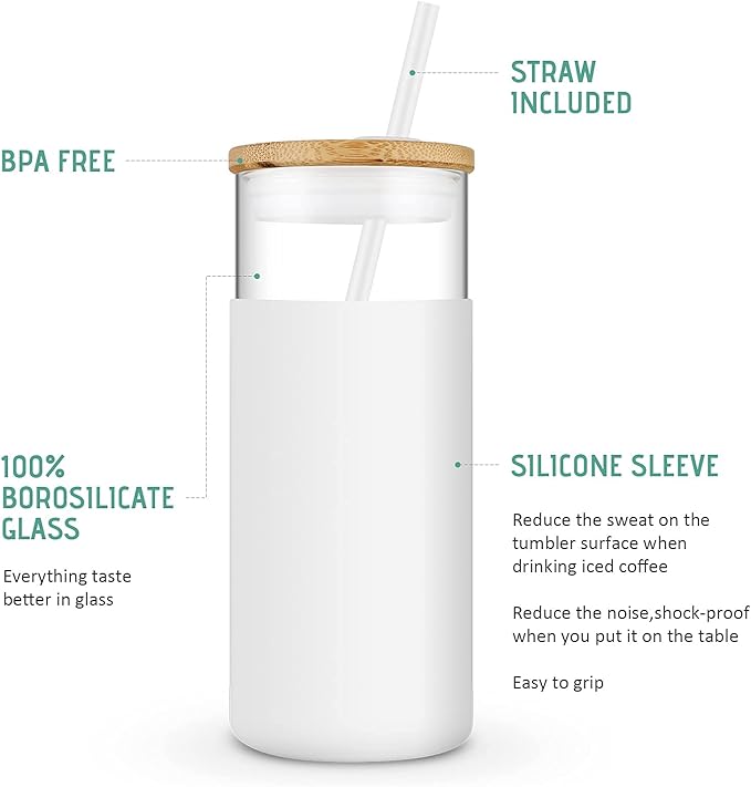 Tronco 20 oz Glass Tumbler Glass Water Bottle Straw Silicone Protective Sleeve Bamboo Lid - BPA Free (Black Amber /2pack)