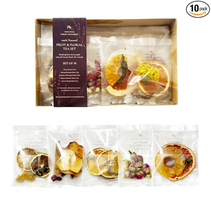 Gourmet Fruit & Floral Tea Set of 10 | Handcrafted, Additive-Free, Assorted Tea Gift Set | Sampler 5 Flavors of Naturally Dried Orange, Grapefruit, Lemon, Apple, Rose Jasmine | 10 Tea Bags | Premium Tea Gift Set