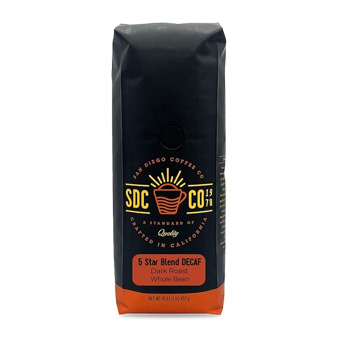 San Diego Coffee 5 Star Blend DECAF, Dark Roast, Whole Bean Coffee, 16-Ounce Bag Café en grano tostado descafeinado