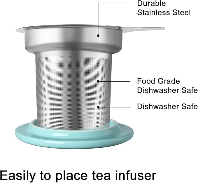 Sweejar Porcelain Tea Infuser Mug with Lid, 20 oz Teacup with Strainers for Loose Leaf Tea, Microwave and Dishwasher Safe Coffee Mug(Turquoise)