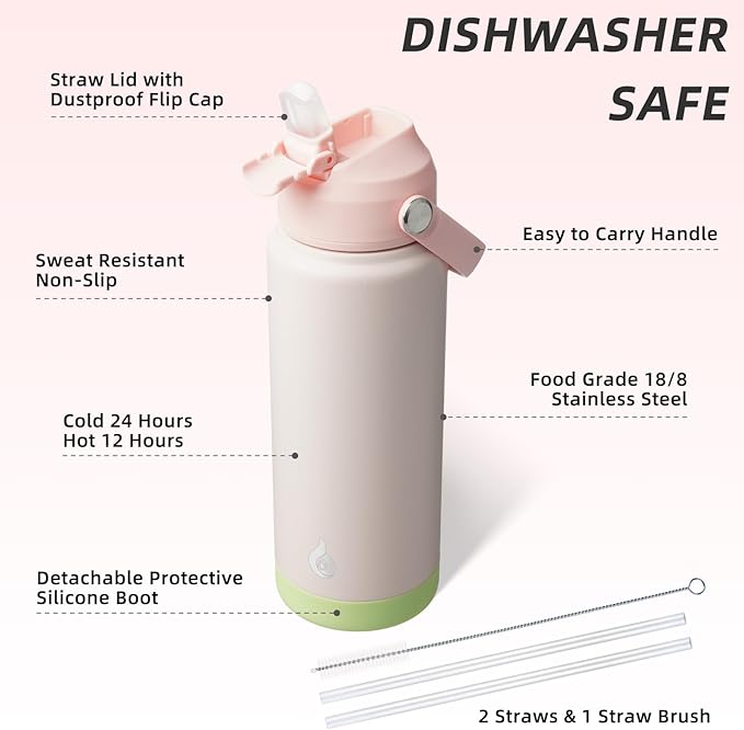 BJPKPK Water Bottle with Straw Lid, 24oz Vacuum Insulated Water Bottles, Metal Stainless Steel Thermos for Sports, Travel, BPA Free Leak Proof Thermos, Cups, Flasks, Tumblers,Pearl Pink