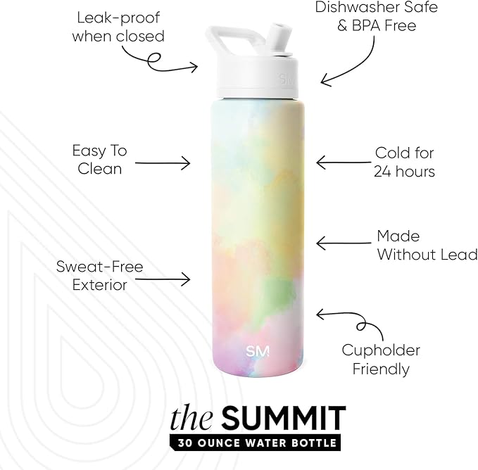 Simple Modern Water Bottle with Straw Lid | Vacuum Insulated Stainless Steel Metal Thermos | Reusable Leak Proof BPA-Free Flask for Sports Gym | Summit Collection | 30oz, Cotton Candy Tie Dye