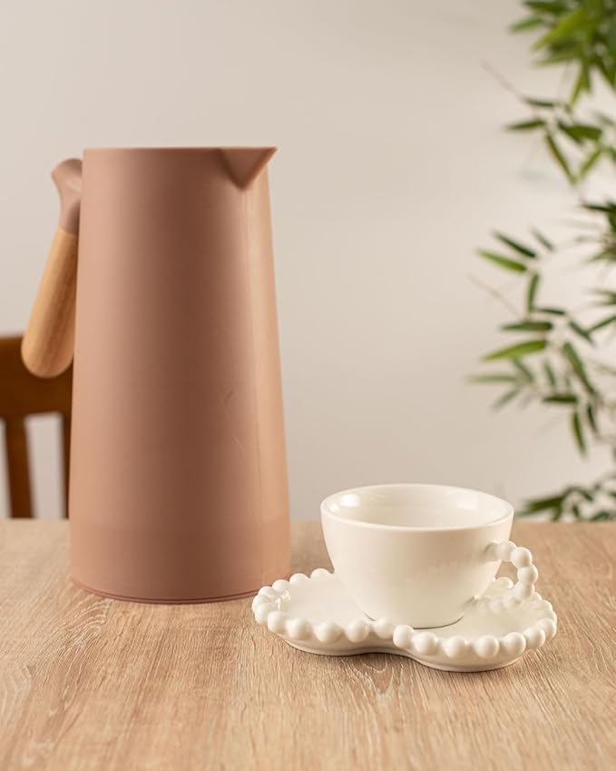 WOLFF - Thermal Coffee Carafe – 34oz/1L Insulated Food-Safe Plastic Exterior and Glass Liner, Wood-Style Handle – Keeps Drinks Hot or Cold for Hours, Coffee and Tea Dispenser - Nude Pink, 34floz/1L