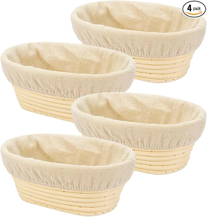 4PACK 8 inch Oval Bread Proofing Basket Banneton Bread Dough Proofing Rising Rattan Basket & Liner for Baking Bread Making