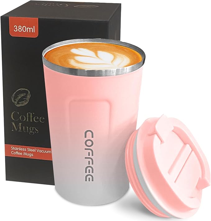 YINBAOGE Insulated Travel Coffee Mug Spill Proof Leak Proof Pobtable To Go Camping Stainless Steel Coffee Tumbler Reusable Coffee Cups with Lids Thermos for Hot and Cold Drink (2nd-Pink White, 12 OZ)