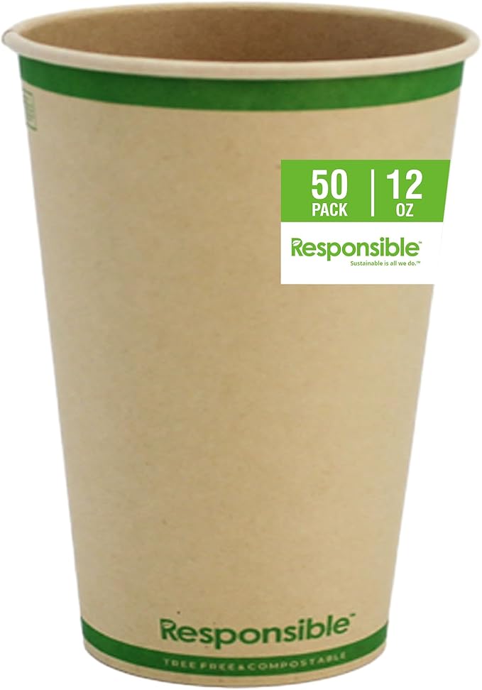 Certified Compostable 12 oz Paper Cups, Cold ＆ Hot Coffee Cups, Disposable Paper Cups, Extra Strength Disposable Cups, Made without PFAS (50 count)