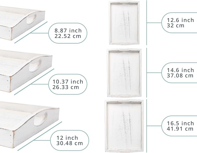 Serving Trays Set of 3 - Ottoman Wood Trays for Entertainment, Food and Decor - Rustic Farmhouse Distressed Wood Finish - Solid White