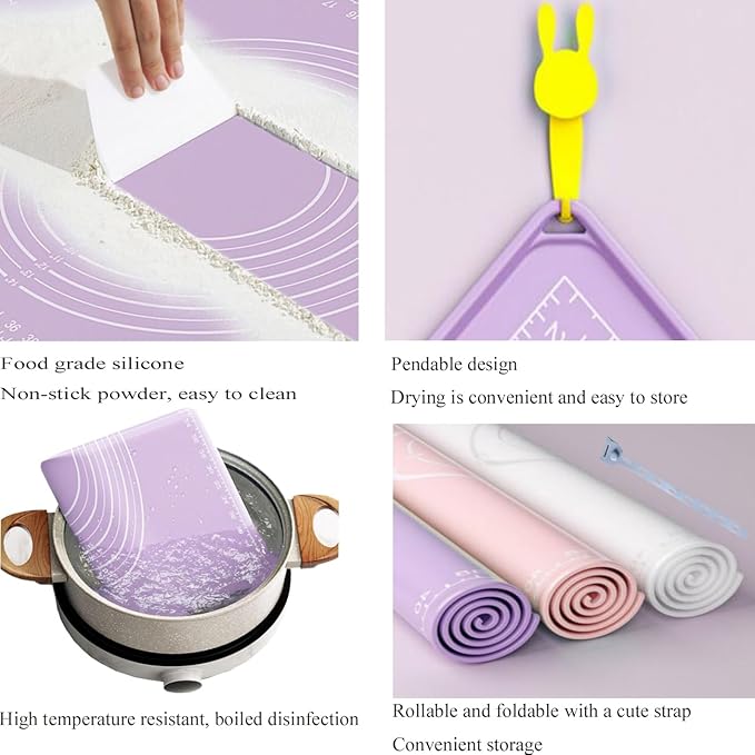 Silicone Pastry Mat 24"*16" Extra Thick Non Stick Baking Mat with Measurement Food Grade Silicone Rolling Dough Mat, Fondant, Pie Crust Mat, Kitchen Mat with Hang Holes, Raised Edge