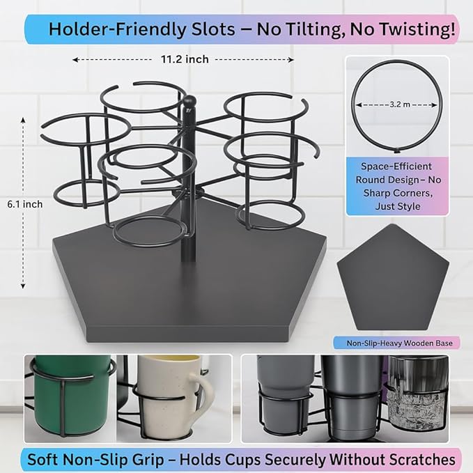 Stanley Cup Holder & Rotating Bottle Organizer – 5-Slot Wood Stand for 20/30/40oz Tumblers, Drinking Glasses, Coffee Mugs, Yeti, Hydro Flask – Countertop & Cabinet Cup Storage Rack