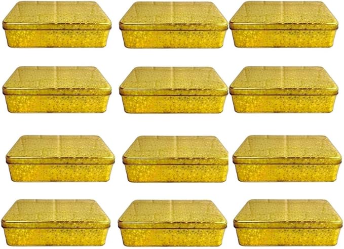 Pack of 12 Glittering Gold Rectangular Tin Container With Lid, Multipurpose Tin Box, Festive Tin Box for Gift Giving, Cookies, Stationery & More - 7.25 x 5.25 x 2.25 Inches