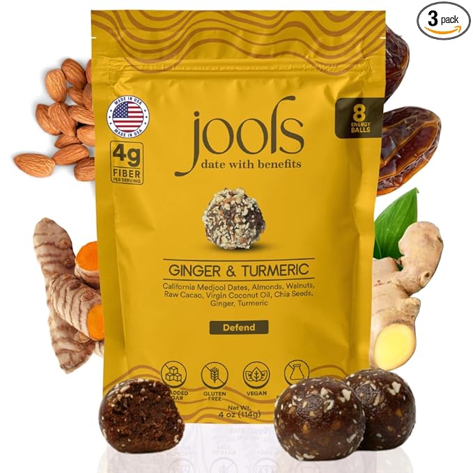 Jools Medjool Date Energy Bites with Ginger & Turmeric – Made with Organic Ingredients – Superfood Snack to Support Vitality – Tastes Like Golden Spice & Caramel – Chewy, Nutty, Naturally Sweet – No Added Sugar, Vegan & Gluten Free | 3 × 4 oz Pouches