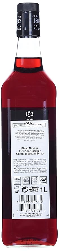 1883 Cherry Blossom Syrup for Drinks, Made in France, 1 Liter Glass Bottle