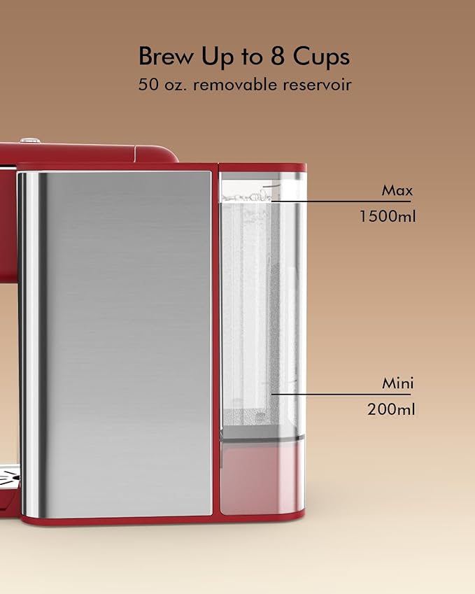 3-in-1 Capsule Coffee Machine - Single Serve Brewer for Coffee Pods, Ground Coffee, & Loose Tea, 6-10oz Brew Sizes, 50oz Removable Tank, 1150W (Red)