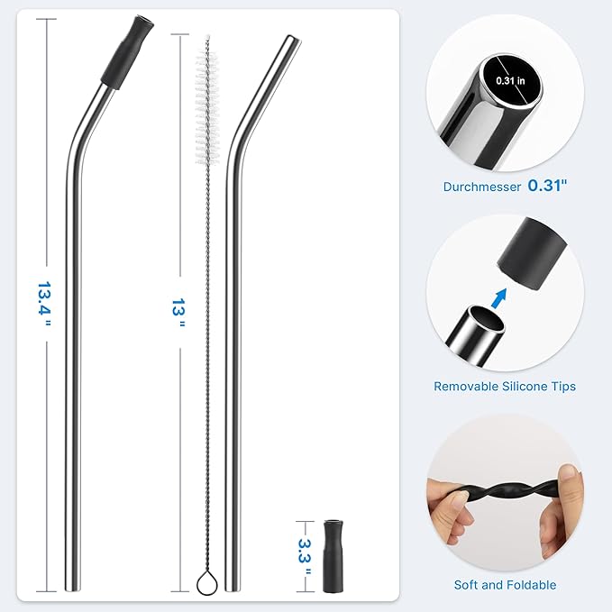 Repeatable Metal Straw with Silicone Tips for 40 oz Stanley Tumbler, 2 Pcs 40 oz Stainless Steel Straws Replacement for Stanley Tumbler, 1 Straw Brush, BPA Free（Black）