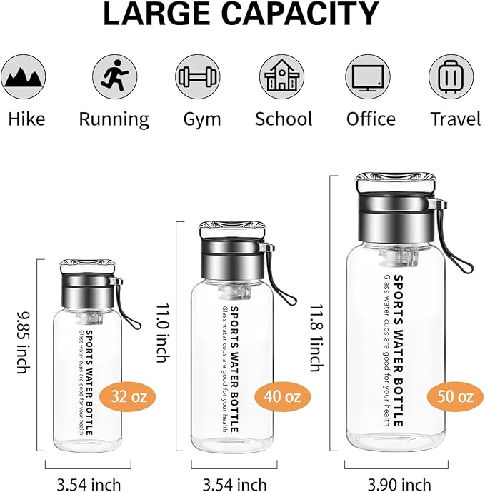 50 oz Glass Water Bottles - Large, Clear, Borosilicate Glass Water Bottle with Stainless Tea Infuser - Cup-Function Lid, Neoprene Sleeve, Strap - Wide Mouth BPA free, for Tea, Beverages, Juice