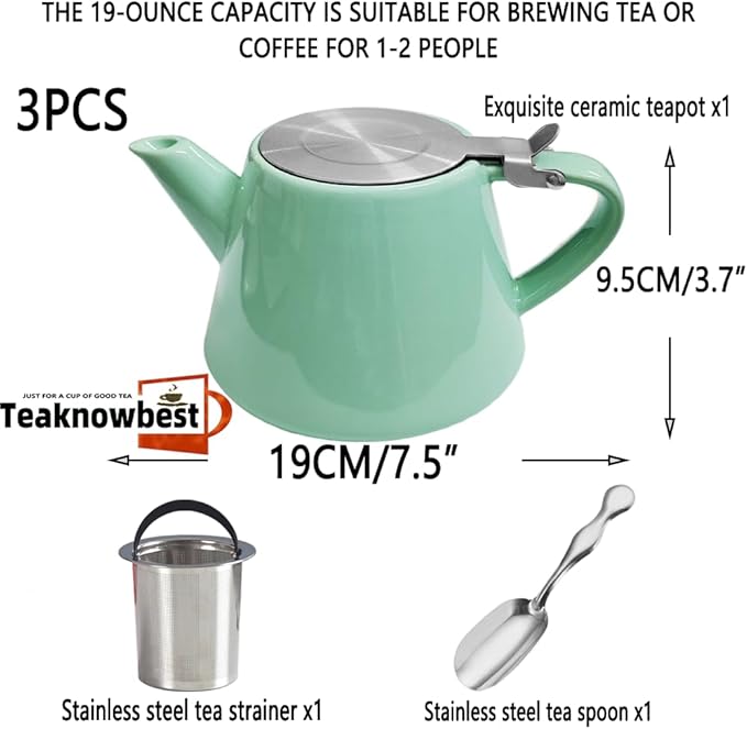 Ceramic teapot, 19oz Tea pot for loose leaf tea, Tea infuser pot with Removable 18/8 Stainless Steel Infuser and teaspoon, Suitable for 1-2 people to brew tea or coffee (azure)