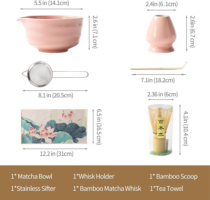Matcha Set, Matcha Whisk Set Includes Matcha Bowl with Spout, Bamboo Whisk, Matcha Whisk Holder, Sifter, Scoop, Spoon Holder, Tea Towel- 7pcs Perfect Matcha Kit for Matcha Tea Ceremony (Pink)