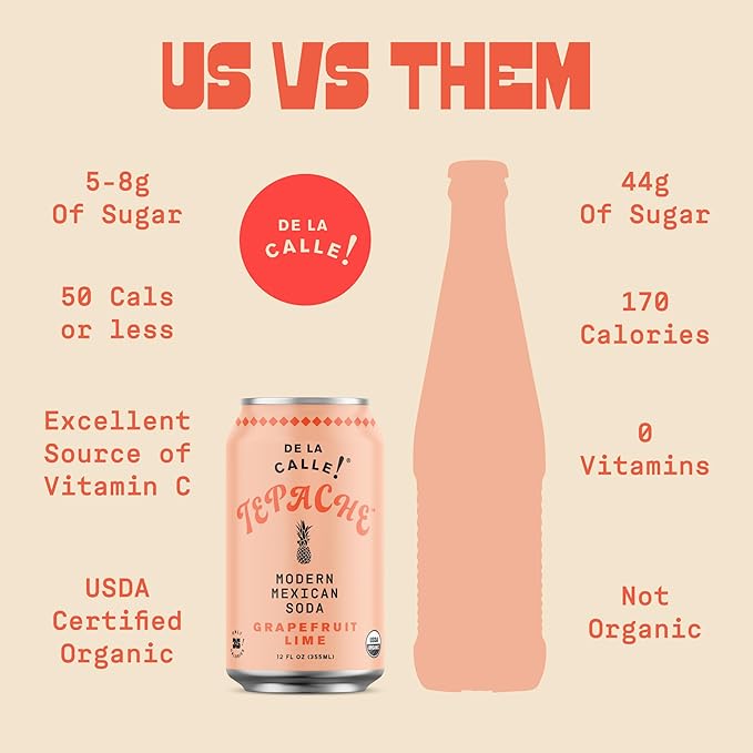 De La Calle Tepache - Grapefruit Lime - Modern Mexican Soda - Craft Fermented Pineapple Sparkling Beverage - Certified Organic, Antioxidant Rich, Non-Alcoholic, Healthy Soda, Low Sugar, Low Calorie, Non-GMO