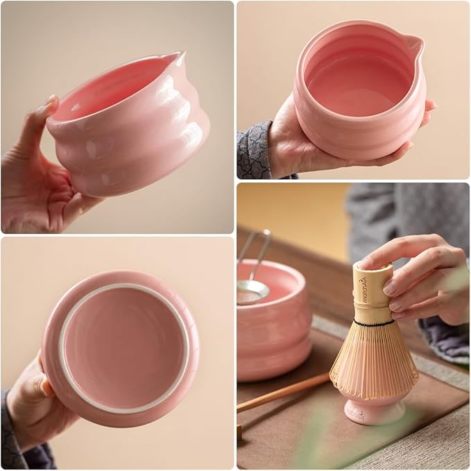 8 Pcs Matcha Set - Ceramic Bowl, Bamboo Whisk with Holder, Canister, Sifter, Schima Spoon, Spoon Rest and Tea Towel, Complete Kit for Traditional Matcha and Modern Lattes (Pink)