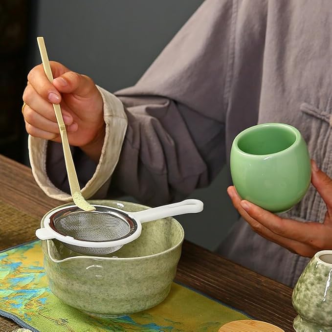 6-Piece Matcha Whisk Set, Japanese Bamboo Chasen, Scoop & Sifter, Traditional Ceremonial Kit with Ceramic Bowl, Whisk Holder Stand, Chakin Cloth (Cherry blossom pink)