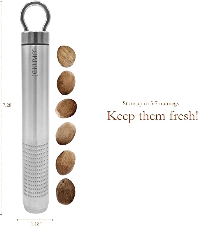 Nutmeg Grater with Silicone Brush & Storage - 18/10 Stainless Steel, Compact Spice & Nut Grinder Tool for Fresh Nutmeg Powder