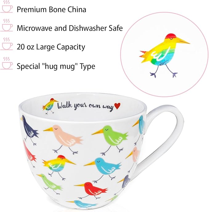 Birds Mugs for Daily Coffee and Tea, Premium 20 oz Bone China Coffee Tea Hug Mug, Perfect Holiday and Birthday Gift for Bird Lovers, Designed in England by Harvest Green Studio