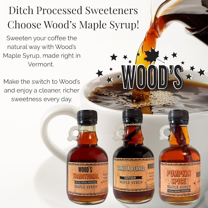 WOOD'S Vanilla Beaned Maple Syrup – Infused Vermont Maple Syrup with Real Vanilla Bean Pod | Smooth, Rich, All-Natural & Vegan Sweetener | Perfect for Breakfast, Baking, Seafood, Popcorn & More | 8.45 Fl Oz (250mL)