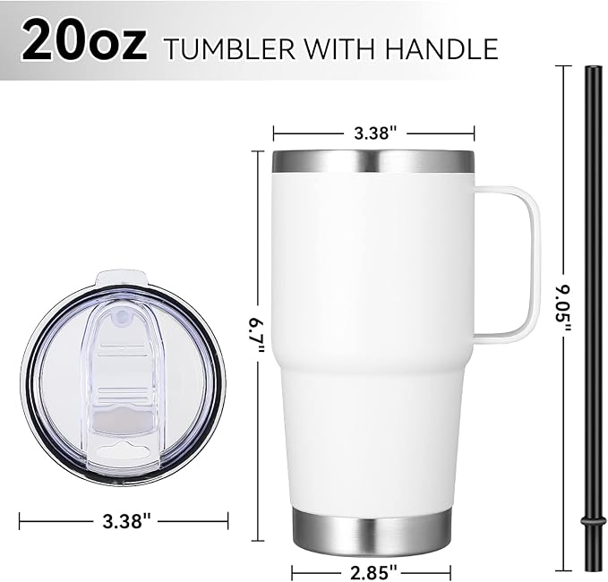 VEGOND 20 oz Tumbler with Handle Lid and Straw, Stainless Steel Insulated Travel Coffee Mug Spill Proof Double Wall Metal Tumbler Cup Keeps Drink Hot and Cold, White 1 Pack