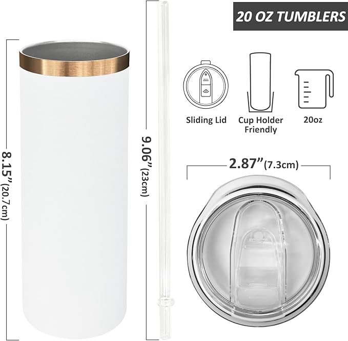 20 oz Skinny Tumblers Bulk 4 Pack, Stainless Steel Insulated Tumbler with Lids and Straws, Slim Double Wall Powder Coated Travel Coffee Mugs Reusable Cup for Hot Cold Drinks (White,4 pack)