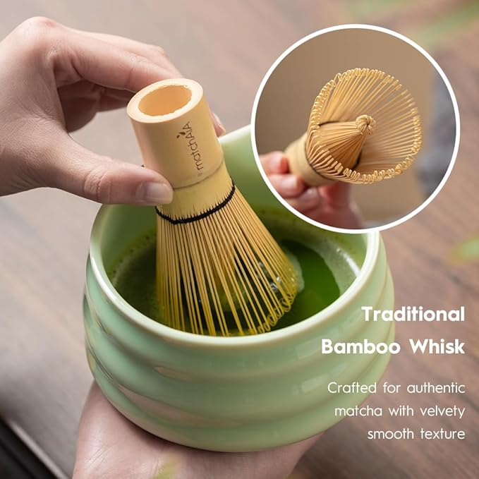 7 Pcs Matcha Set - Ceramic Bowl, Bamboo Whisk with Holder, Sifter, Schima Spoon, Spoon Rest and Tea Towel, Complete Kit for Traditional Matcha and Modern Lattes (Green)