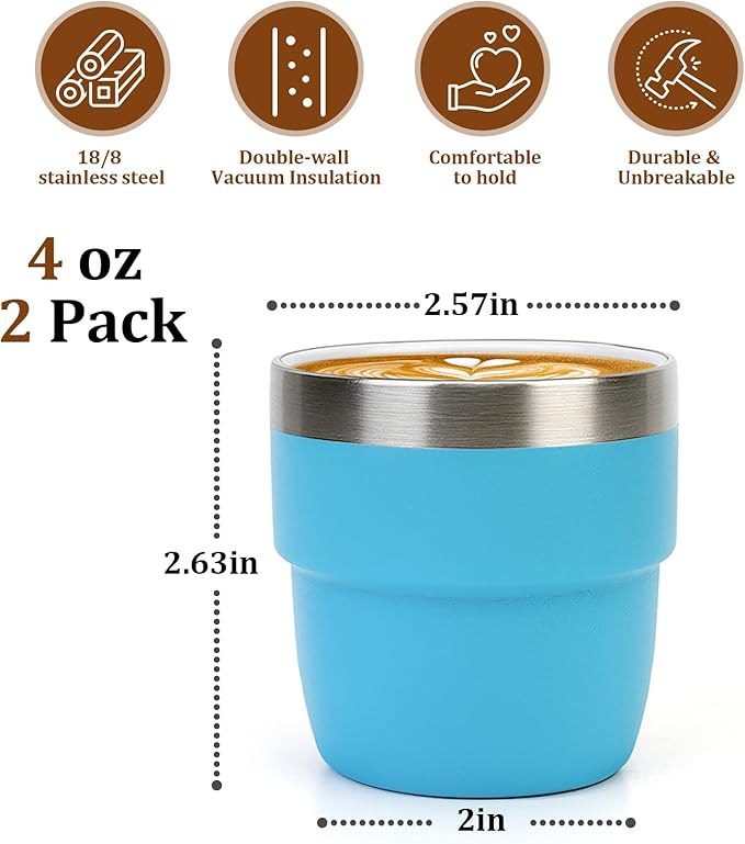 Zenbo 4 oz Espresso/Coffee Cups Set of 2, Ceramic-Lined Double Wall Vacuum Insulated 18/8 Stainless Steel, Stackable & Dishwasher Safe, Space-Saving, Compatible with Most Espresso & Coffee Makers